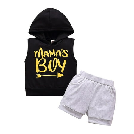 

Zlekejiko Baby Boys Sleeveless Letter Hooded Vest Sweatshirt Tops Solid Shorts Pants Outfit Set 2PCS