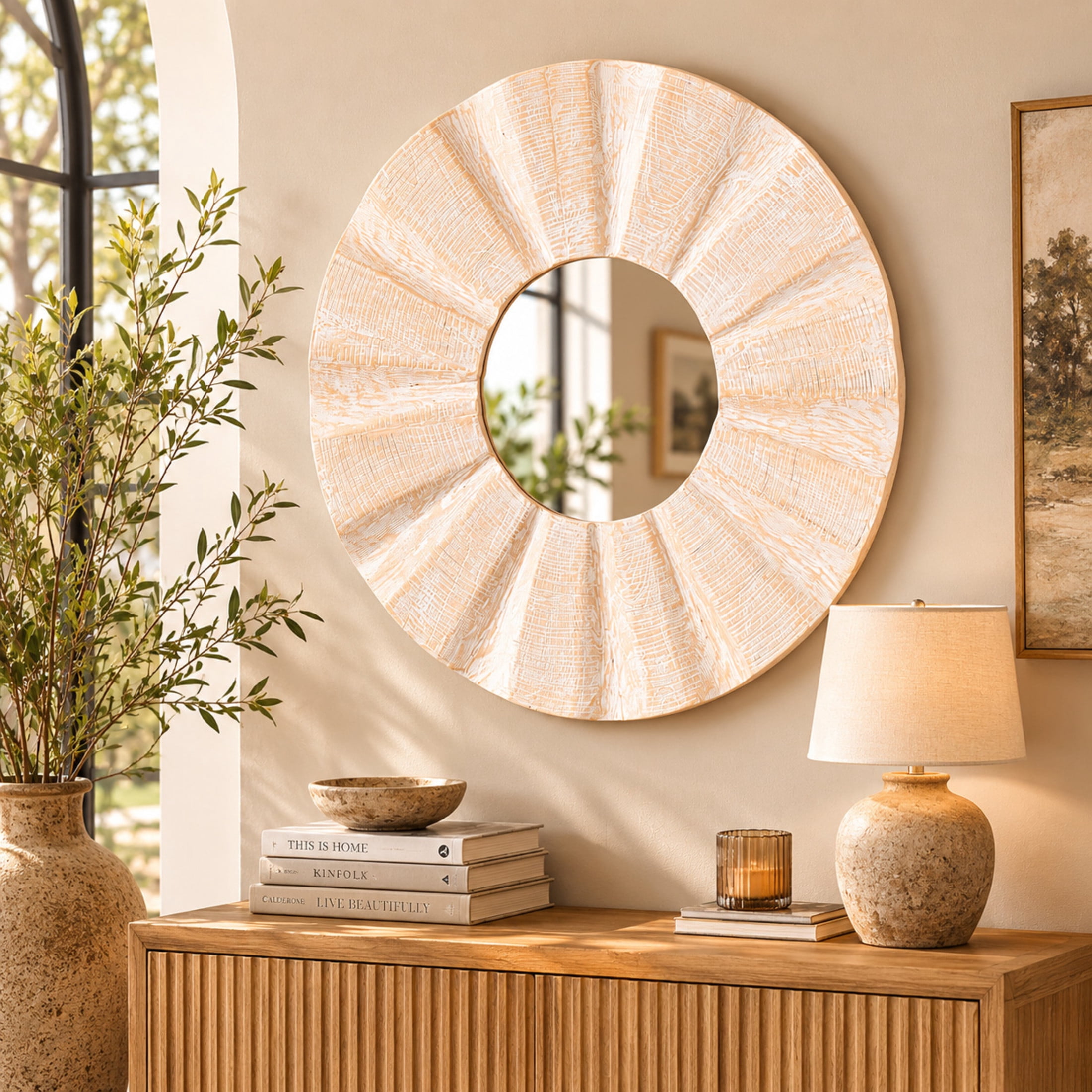 DecMode 35" x 35" Cream Handmade Large Abstract Wall Mirror with Carved Abstract Patterns