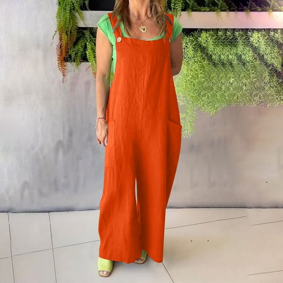 Penkiiy Stylish Women's Linen-Blend Romper Overalls - Soft Buttoned Jumpsuit with Adjustable Straps 2XL Orange