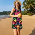 thumbnail image 2 of Horeoi Colorful Floral Embroidery Mexican Print Women's Sleeveless Dress Cotton-like Flared Hem Deep Side Pockets Above-Knee, 2 of 6