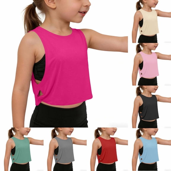 Yourumao Athletic Tank Tops for Girl Cut Out Crewneck Sleeveless Shirts Solid Lightweight Casual Tanks for Summer Activewear 4-15 Year