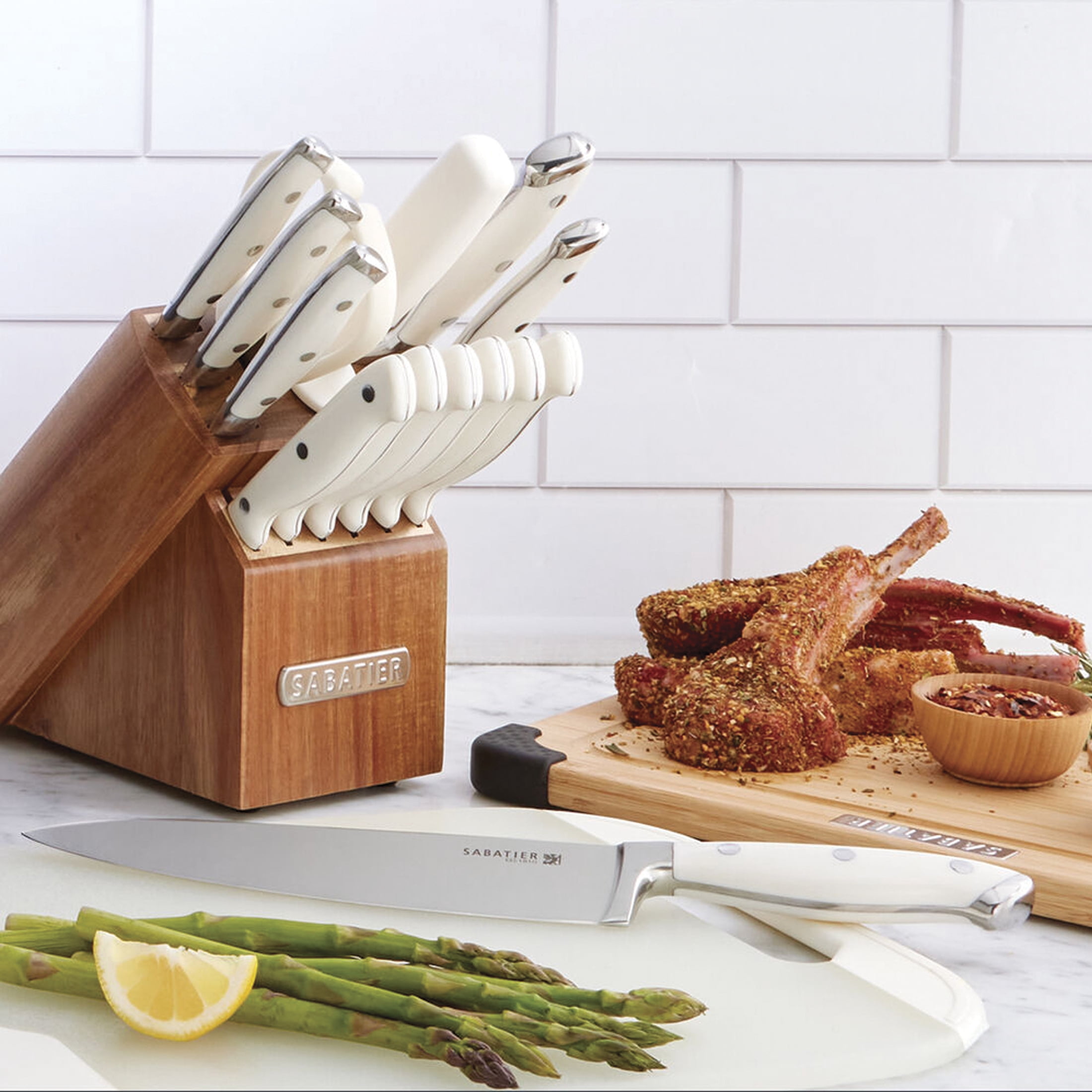 Sabatier 15 Piece Forged Knife Block Set with Acacia Wood Block, White Handles