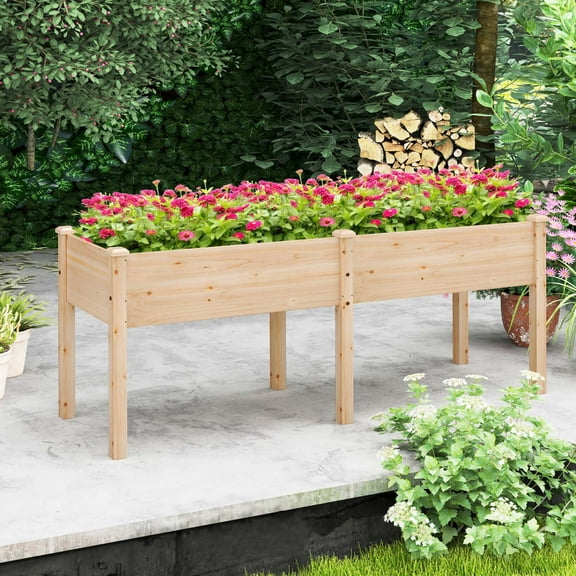 Costway Raised Garden Bed Elevated Fir Wood Planter Box with 2 Large Planting Areas Beige