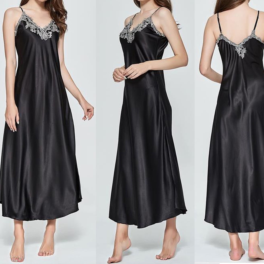 Sexy Satin Night Dress For Women Lace V Backless Sleepwear Lingerie ...