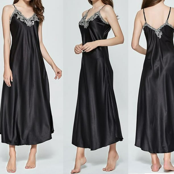 Hirigin Sexy Satin Night Dress For Women Lace V Backless Sleepwear Lingerie Silk Nightgown 