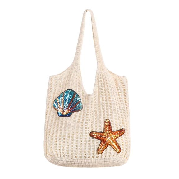 Women's Crochet Mesh Shoulder Bags Large Capacity Lightweight Foldable Shell Starfish Decor Summer Beach Tote Bags for Women Vacation Shopping Daily Use