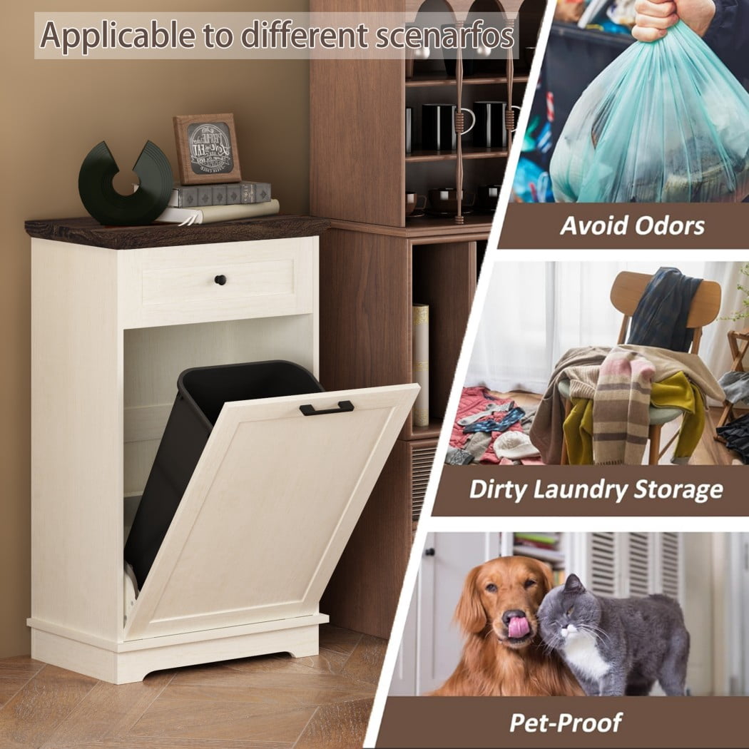 10 Gallon Tilt Out Trash Cabinet, Freestanding Garbage Can Storage with Drawer, Kitchen Recycling Cabinet, Antique White Trash Bin Holder, Antique White