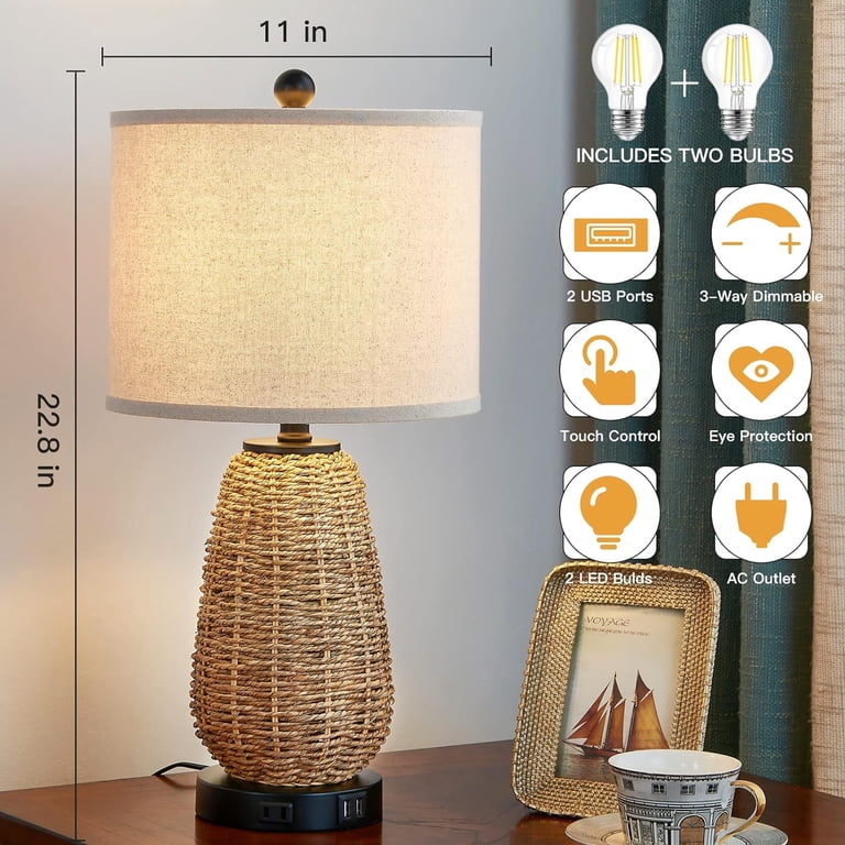 Cinkeda Rattan Table Lamp Set of 2, Farmhouse, USB photo 8