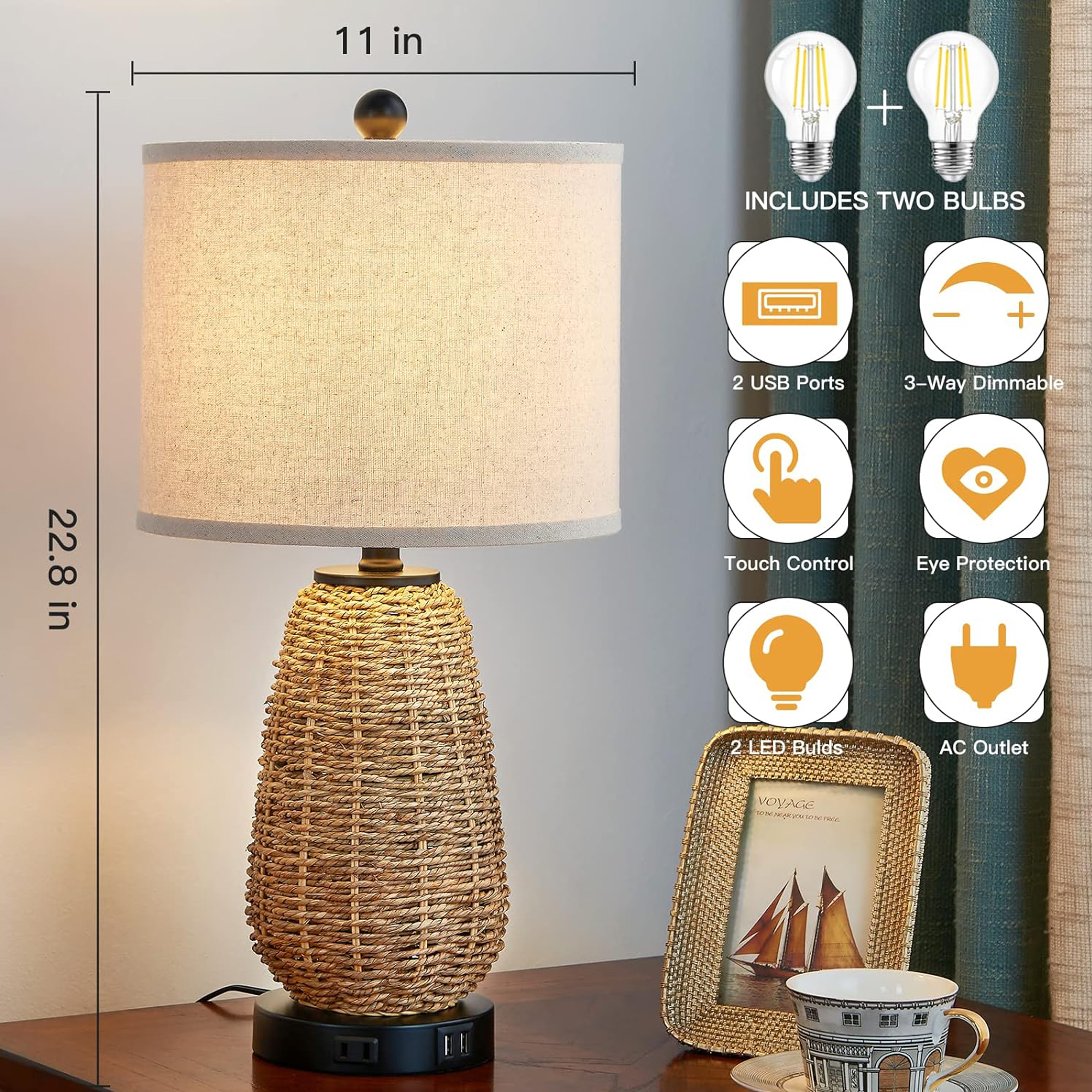 Cinkeda 3 Way Dimmable Touch Control Table Lamps Set of 2 for Living Room Bedroom Farmhouse Oatmeal Braided Rattan Bedside Nightstand Lamp with USB Ports AC Outlet(2 Bulb) - image 4 of 8