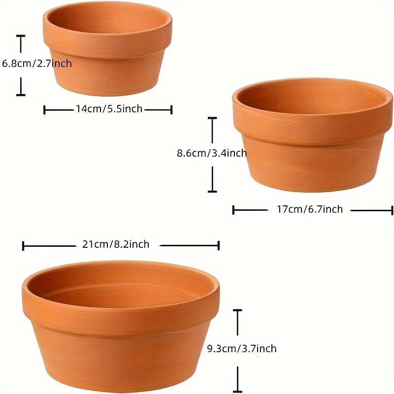 3 Sets, Shallow Terracotta Pots Plant Pots Clay Pottery Planter In Different Sizes(8.2inch/6.7inch/5.5inch) With Drainage Hole Cactus Succulent Flower Nursery Pots Great For Plants,Crafts