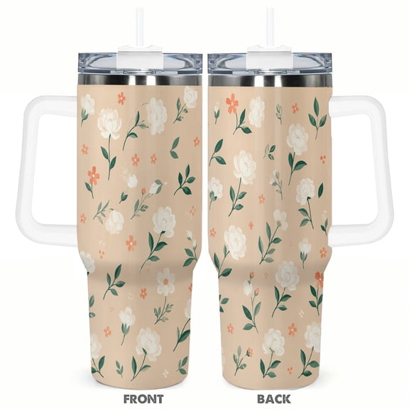 40oz Floral Travel Tumbler with Handle and Straw Lid Peach Botanical Insulated Car Cup for Coffee Water and Gifts