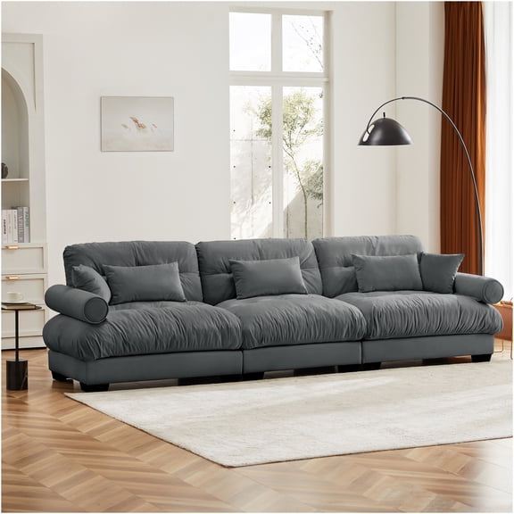 JERFIT 3-Seater Velvet Sofa with Pillows, Modern Oversized Cloud Couch for Living Room, Plush Comfort, Gray