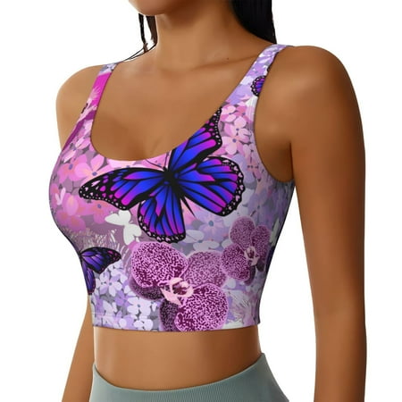 JUNZAN Purple Vintage Butterfly Print Women s Workout Tank Tops - U Back Fitness Top with Built-In Shelf Bra  Perfect for Yoga and Gym-XX-Large