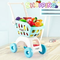 NimJoy Kids Big Toy Shopping Cart W/Cutting Foods ABS Toy for Boys 3-6 Years Girls, Pretend Play Shopping Grocery Play Set Gifts to Toddlers, 14Pcs Clear Blue