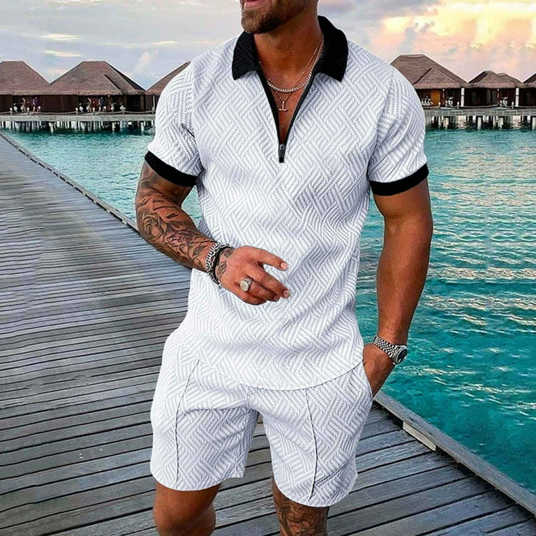 PEASKJP Basketball Shorts Men's Short Sleeve Shorts Beach Tropical Hawaiian  Shorts Suit Sports Suit White X-L