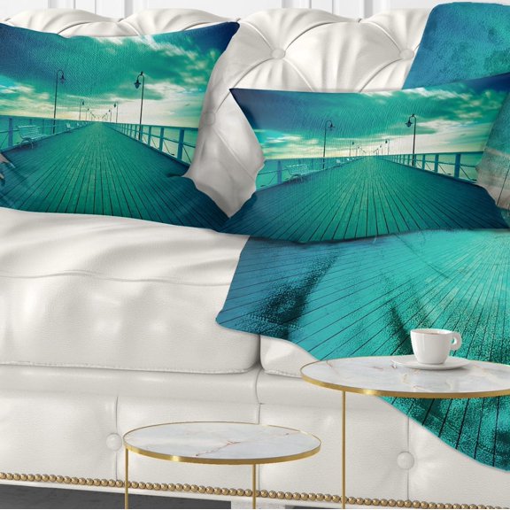 Designart Blue Seascape With Wooden Pier - Bridge Throw Pillow - 12x20