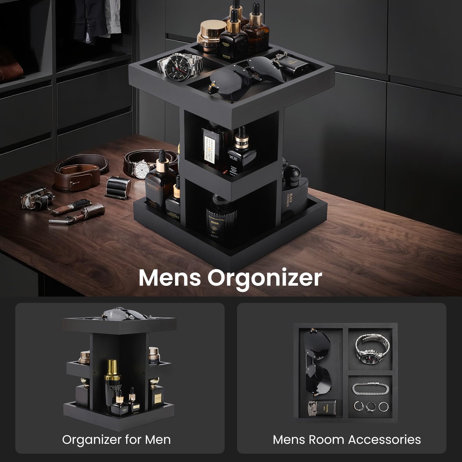 Cologne Organizer for Men, 3 Tier Rotating Perfume Organizer with Wood Display Shelf and Non Slip Base