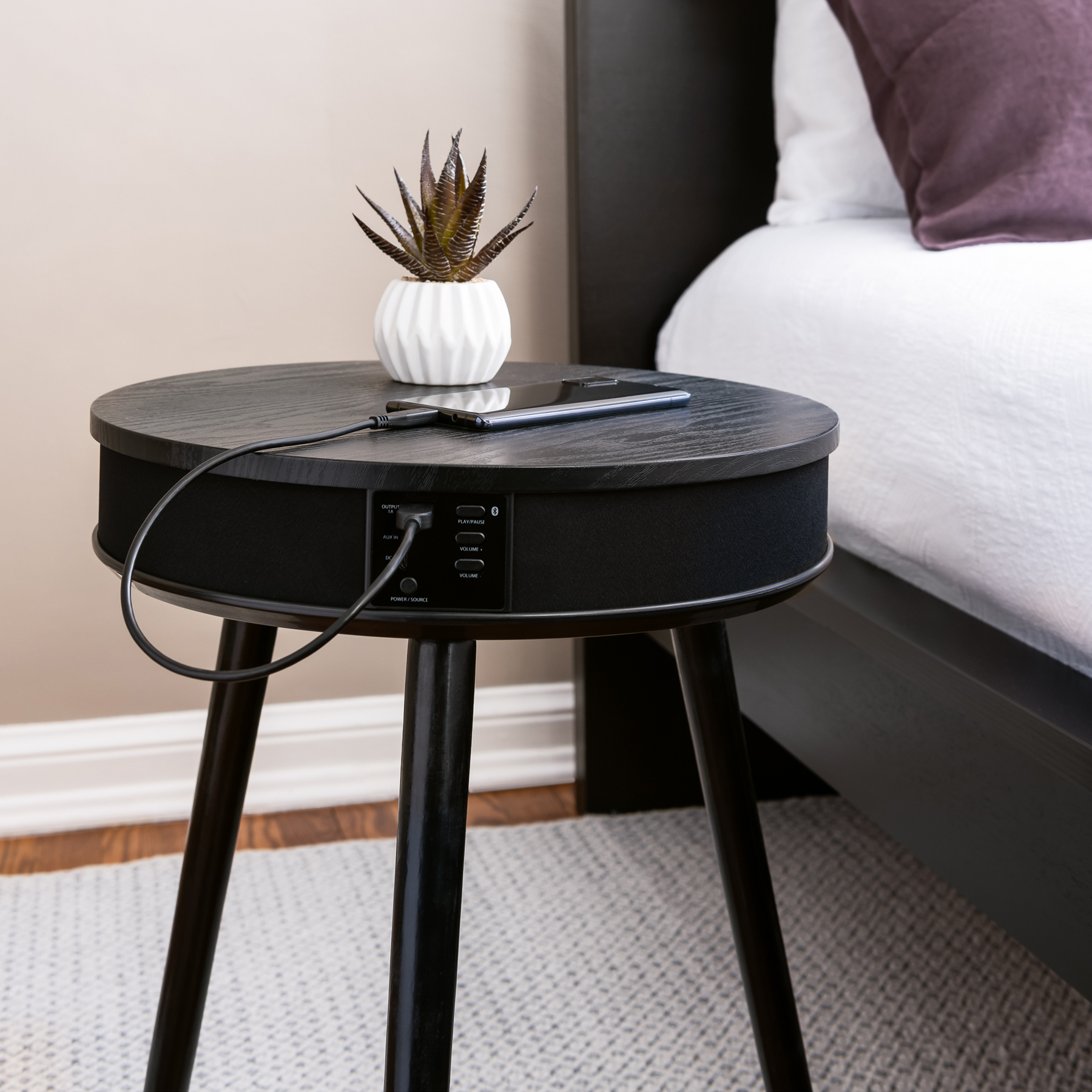 Decortech Round End Table With Bluetooth Speaker And Usb Charging Port 