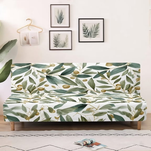 SCRAWLGOD Leaf Print Sofa Cover Armless Couch Cover for 3 Cushion Couch Washable Anti Wrinkle Furniture Protector Soft Sofa Slipcover with Elastic Bottom for Dogs