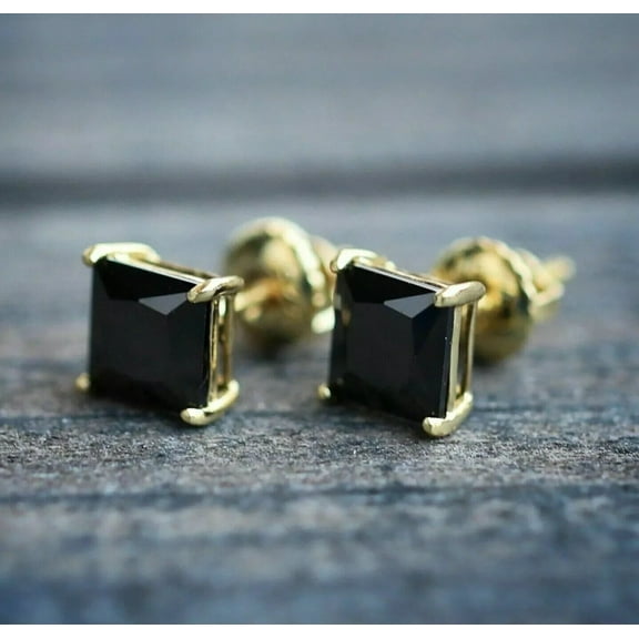2Ct Princess Cut Lab-Created Black Diamond Women's Stud Earrings 14K Yellow Gold Plated