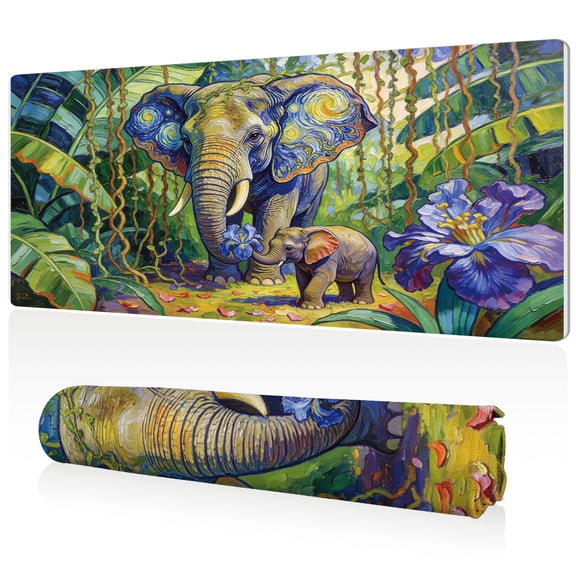 LIVEKEY XXL Mouse Pad Vibrant Jungle Elephants 80x40cm Extra Large Desk Mat Full Coverage Non Slip Base Durable Easy to Clean Stitched Edges for Gaming Office Computer Use