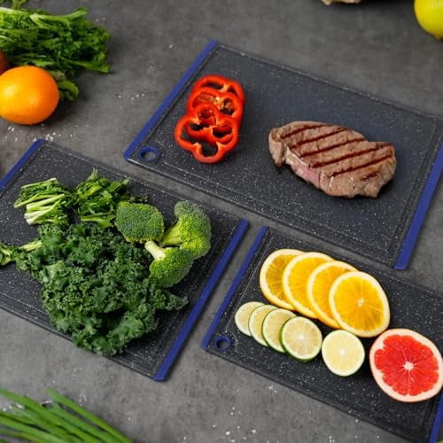 Plastic Cutting Boards for Kitchen, 3-Piece Large Cutting Board Set Dishwasher Safe Chopping Boards with Non-slip Feet and Juice Grooves, Blue