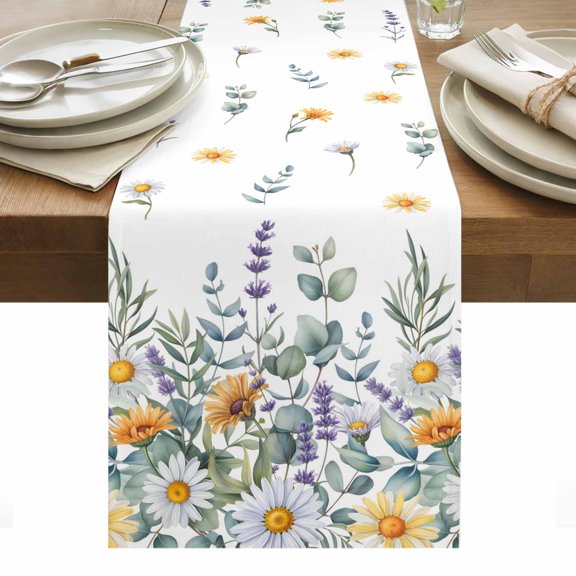 Floral Eucalyptus Leaves Table Runner - 70 Inch Long, Kitchen Dining Table Runner Dresser Scarves, Summer Botanical Watercolor Daisy Farmhouse Decor for Coffee Tables Wedding Party Banquet