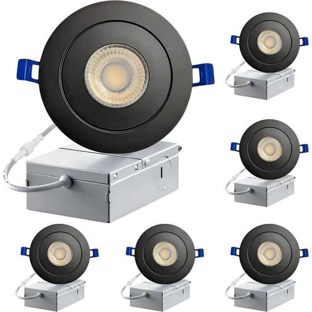 3-Inch Black Gimbal Recessed Slim LED Pot Ceiling Light with Junction Box, Dimmable 4000K Natural White, 7W (60W Equivalent) 560LM High Brightness, Damp Rated LED Ceiling Downlight, IC Rated (6-Pack)