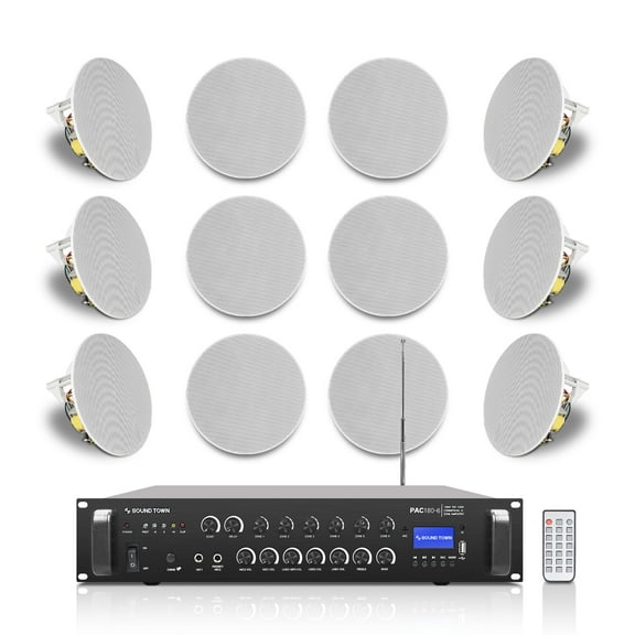 Sound Town Commercial Restaurant Bluetooth Amplifier   in-Ceiling Speaker Set, with One 6-Zone 70V/100V Amplifier with Bluetooth, 12 x Two-Way 6.5-Inch in-Ceiling Speakers, White (PAC180X12CS6N)