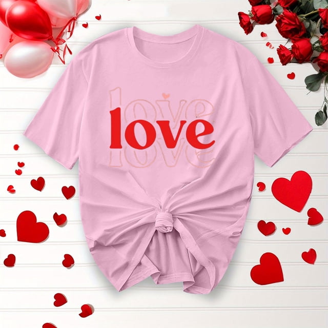 TIMIFIS Hauts à Manches Courtes pour la Saint-Valentin pour Femmes Mode Décontractée Col Rond Imprimé Cœur d'Amour T-Shirt d'Été Ample Col Rond
