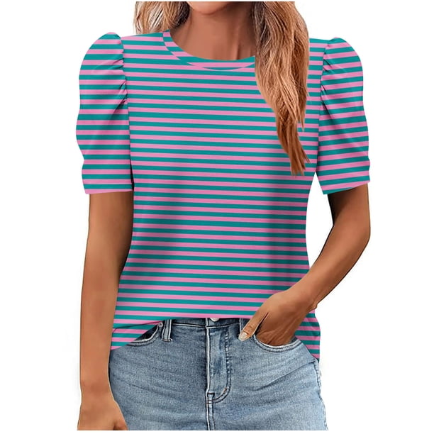 Tops de Manga Corta para las Mujeres Suelto Ajuste Impreso Cuello Redondo Camiseta Suelta Superior, Poliéster Verano Primavera