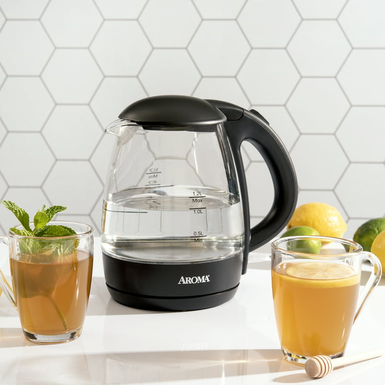 AROMA® 1.2L / 5-Cup Electric Glass Kettle, Black 