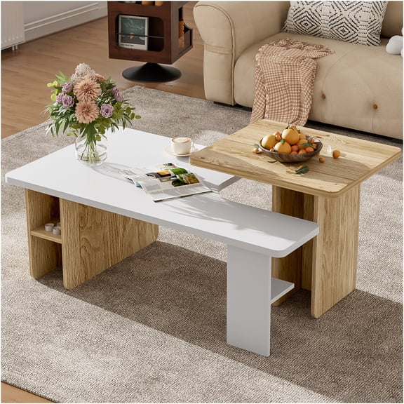 JERFIT 2-Piece White Nesting Coffee Table Set with Storage Shelf, Farmhouse Rectangular Sofa & Living Room End Tables, Modern Wood Finish Design