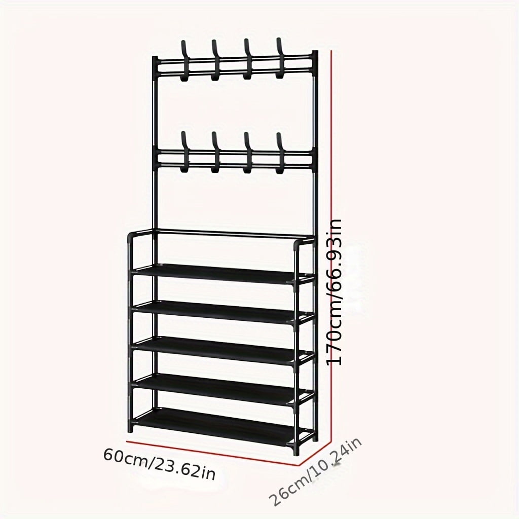 STORVIX 5-tier Multifunctional Metal Shoe Rack with 8 Double Hooks Shoes Storage