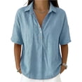 thumbnail image 2 of Dweltoz Tops for Women Collared Button Down Elbow Half Sleeve Lightweigth Casual Tops V Neck Solid Tennis Tee Shirts,Light Blue L, 2 of 7