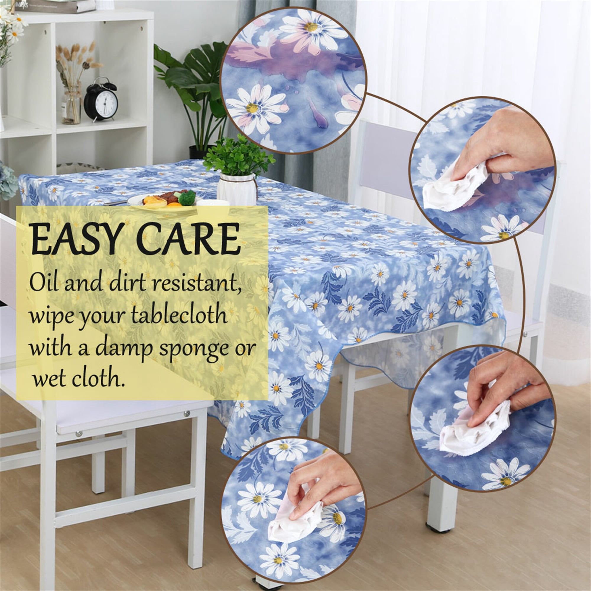 Unique Bargains Vinyl Rectangle Table Cover Blue Daisy Pattern Tablecloth 54" x 71"