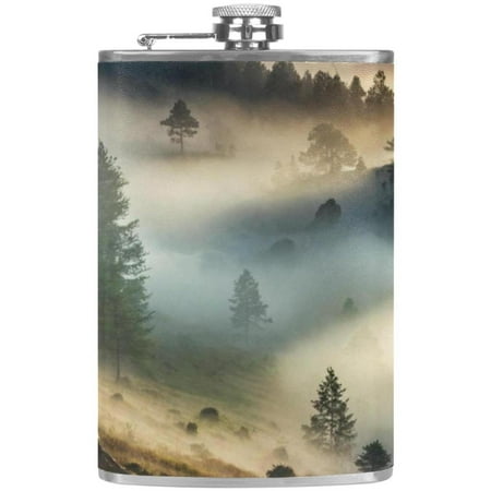 

josid Mountain Pattern 3.6x6in Stainless Steel Small Flask Leak-Proof Stainless Steel Construction Wrapped in Premium Two-Layer Leather Nano-Printed Design 227ml Capacity
