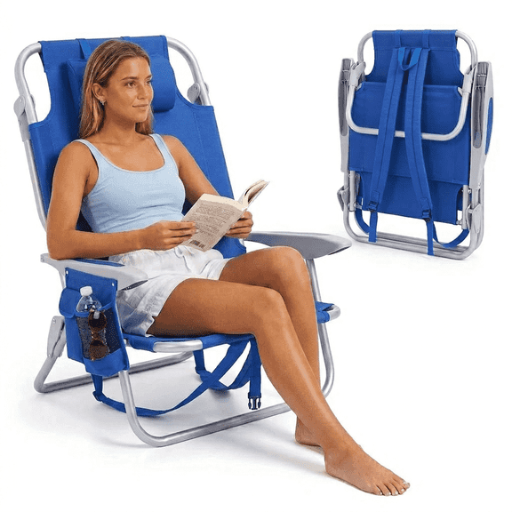 Backpack Beach Chair for Adults, 5 Position Lay Flat Folding Reclining Lounge Chair,Ocean Tone Portable Chair with Armrest, Headrest & Side Storage Pockets, 3 Color Options for Beach Pool Camping