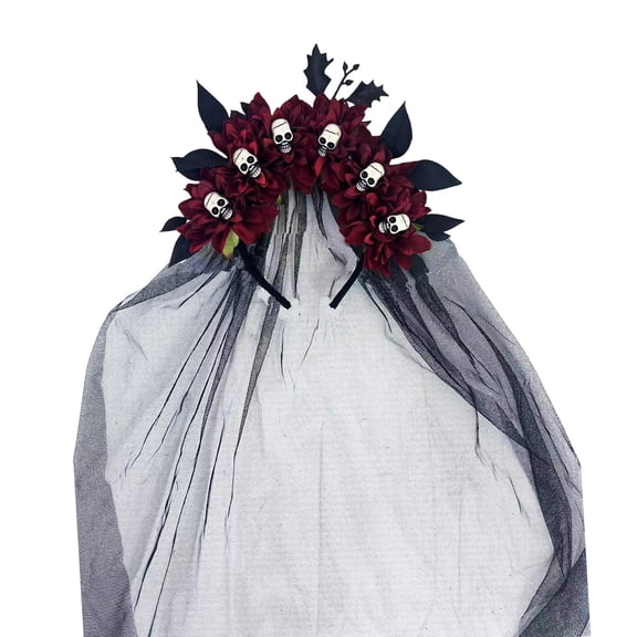 AMARHH Halloween Skull Headband, Black Veil with Skull Flower Crown, Halloween Costume Cosplay Party, Dark Floral Headdress, Women's Hair Accessory,