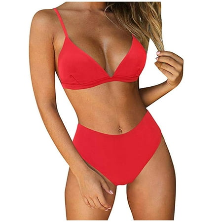 

Finelylove Swimsuit Women Two Piece Padded Sport Bra Style Bikini Red L