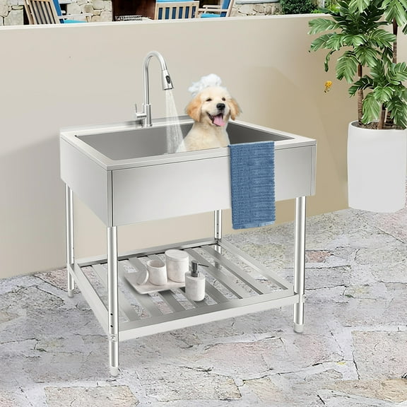 Peakora Large Capacity Kitchen Utility Sink, Stainless Steel Laundry Sink, Freestanding Outdoor Sink with Hot & Cold Faucet Durable & Easy to Clean for Multi-use