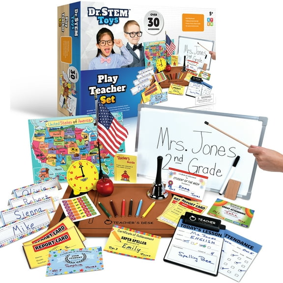 Dr. STEM: Play Teacher Set - School & Classroom Roleplay, White Board-Bell-Report Cards-Map, Certificate of Completion, Education-Learning, Kids 5 