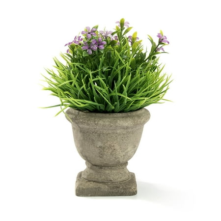 Mini Accents Trophy Mini Lifelike Artificial Plant Fake Green Grass and Purple Flowers Arrangements with Trophy Design Paper Pulp Pot ()