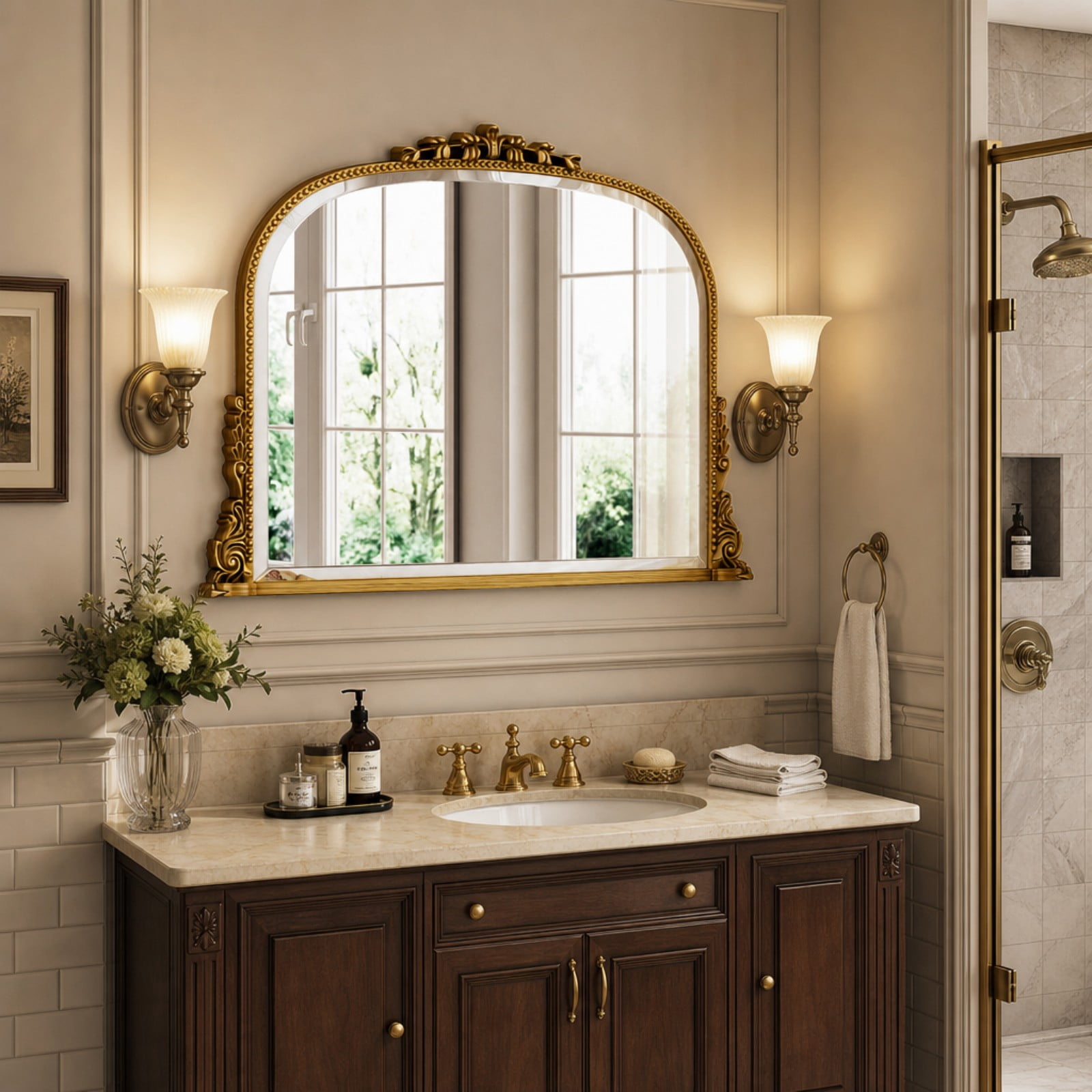 Lumora 36"x27" Vintage Bathroom Mirror Wall Mounted Arched Antique Mirror, Gold
