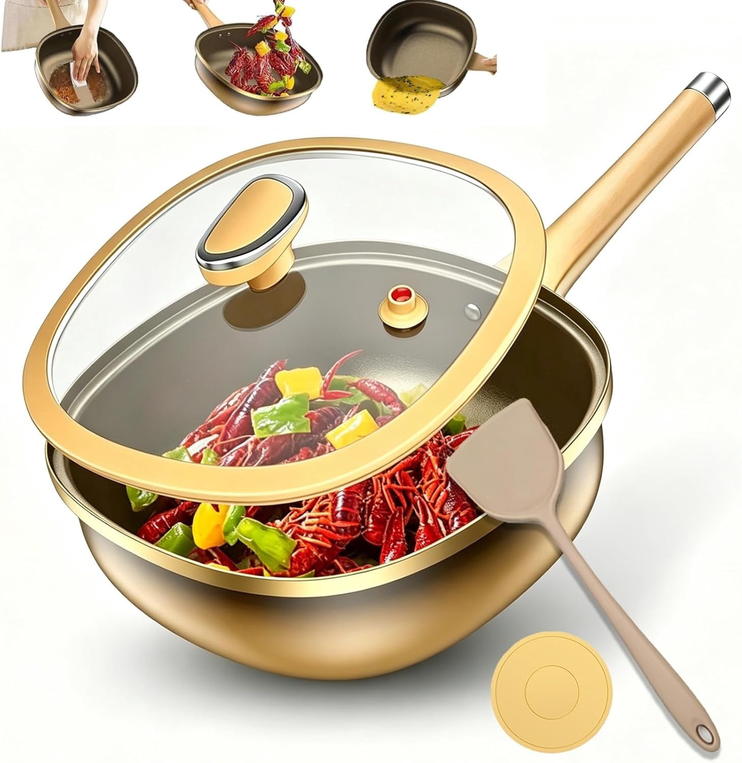 12in Titanium Alloy Non-Stick Pot with Lid, Titanium Pans for Cooking with Steamer, Non Stick Frying Saute Pan with Ergonomic Stay-Cool Handles Cookwarefor Cooking, Frying, Baking(With Steamer)