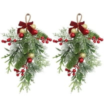 Topboutique Christmas Swag Decorative Teardrop Swag 2 Pcs Christmas Wreath with Bowknot Artificial Christmas Pine Branch Swag with Berries and Balls for Front Door Farmhouse Home Wall Hanging Decor
