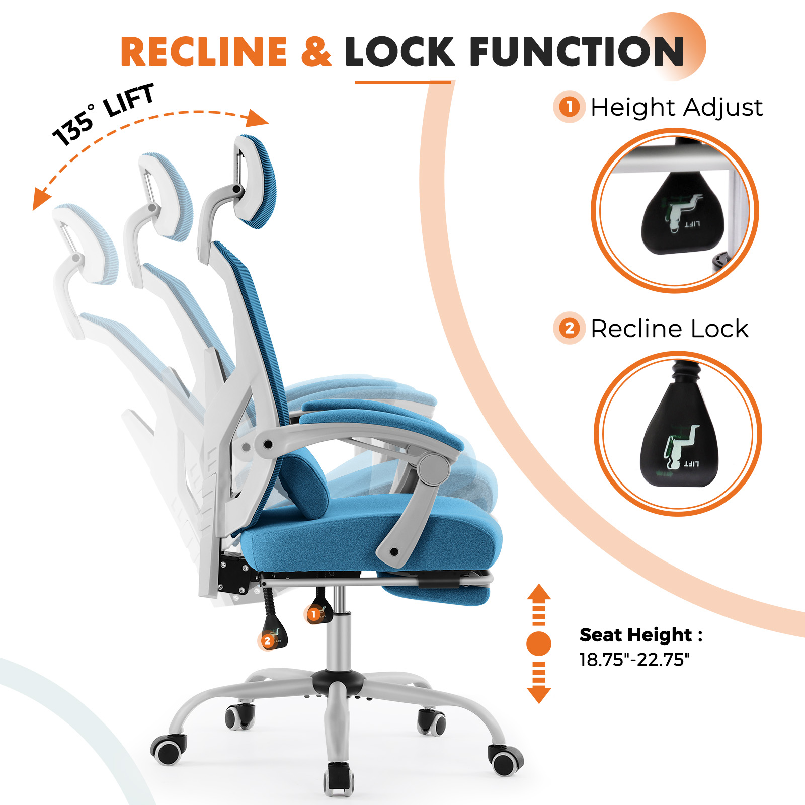 CONCETTA Ergonomic Mesh Office Chair, High Back Swivel Chairs with Adjustable Lumbar Support, Headrest, Footrest, and Armrests, Blue