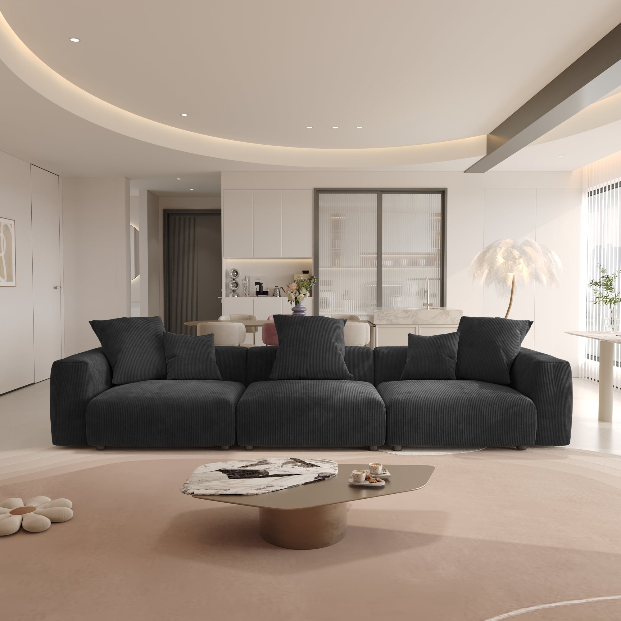 Magic Home Convertible Sectional Sofa Modular Couch,Modern Corduroy Sofa with Pillows for Living Room,Apartment and Small Space,3-Seat Sofa,Black