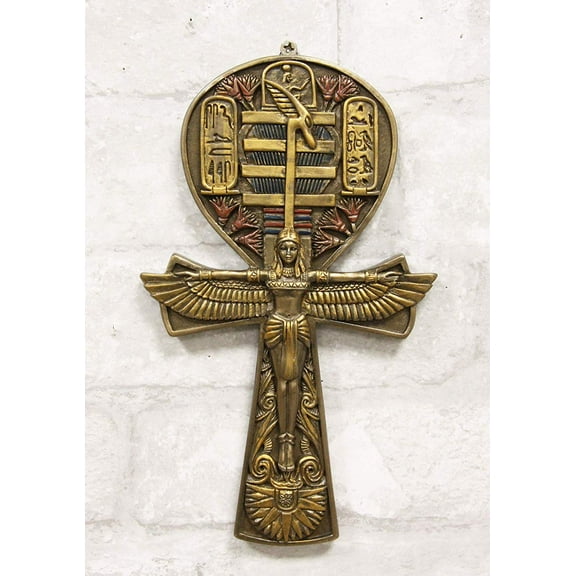 Ebros Egyptian Ankh of Isis with Open Wings Wall Plaque 7.5" High (Bronze)