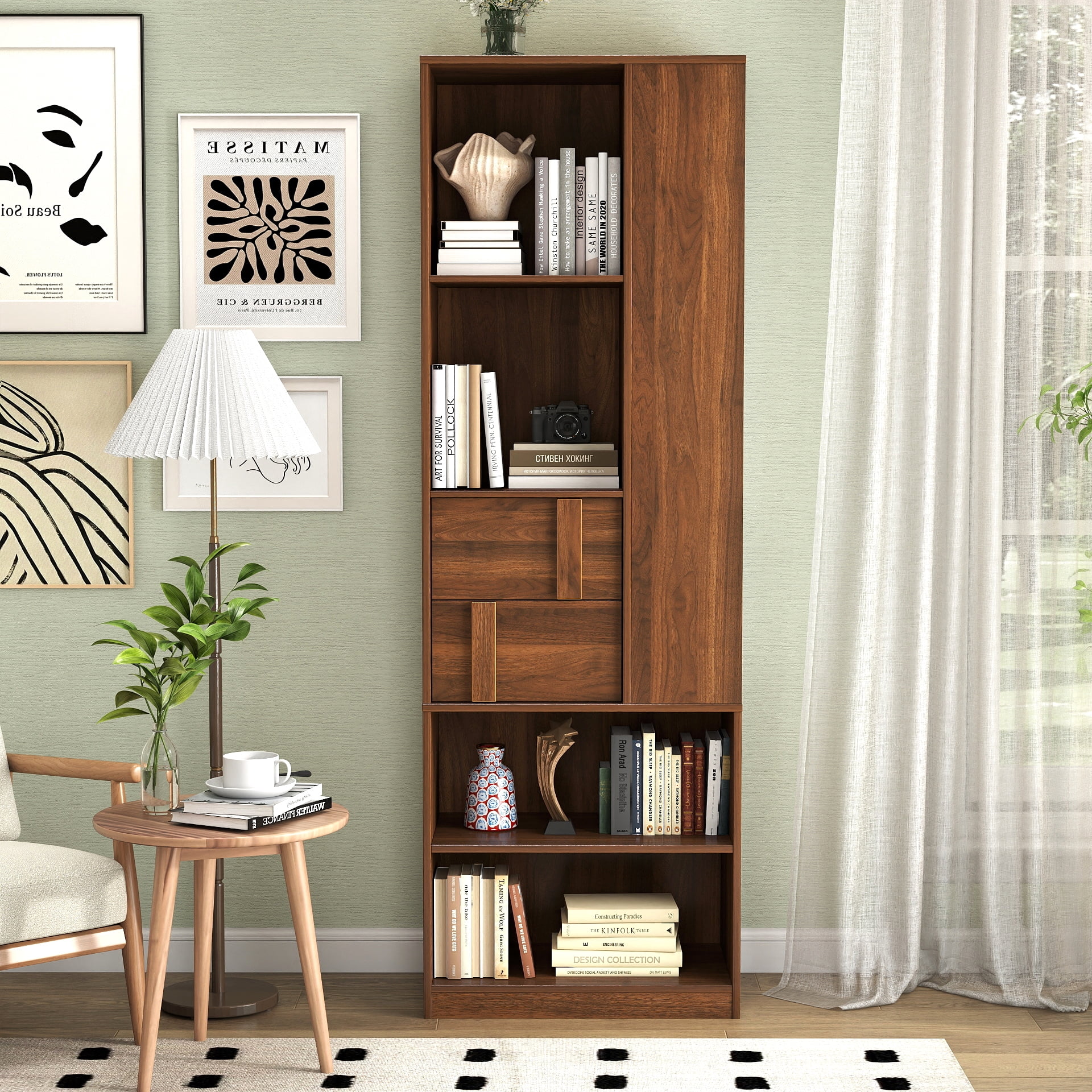 71" Tall Bookshelf Freestanding Bookcase Storage Cabinet with Drawers & Open Shelves